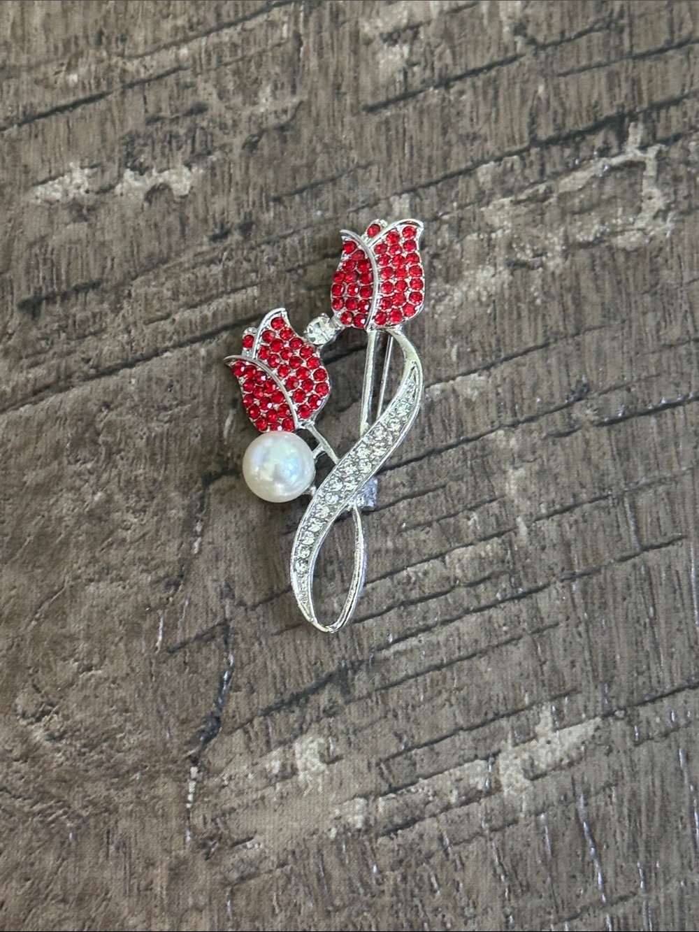 Mint Red Crystal Tulip and Pearl Silver Ribbon Brooch